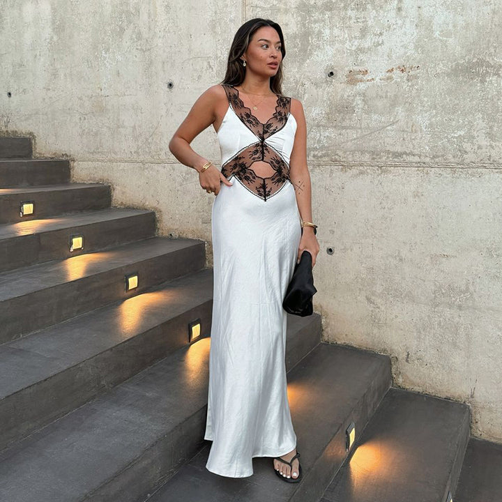 White Lace Insert Front Cut Out Maxi Dress