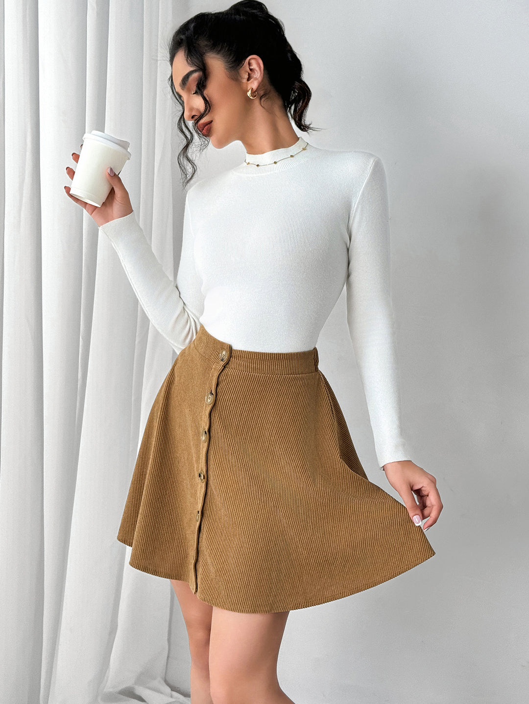 Brown High Waist Front Button Skirt