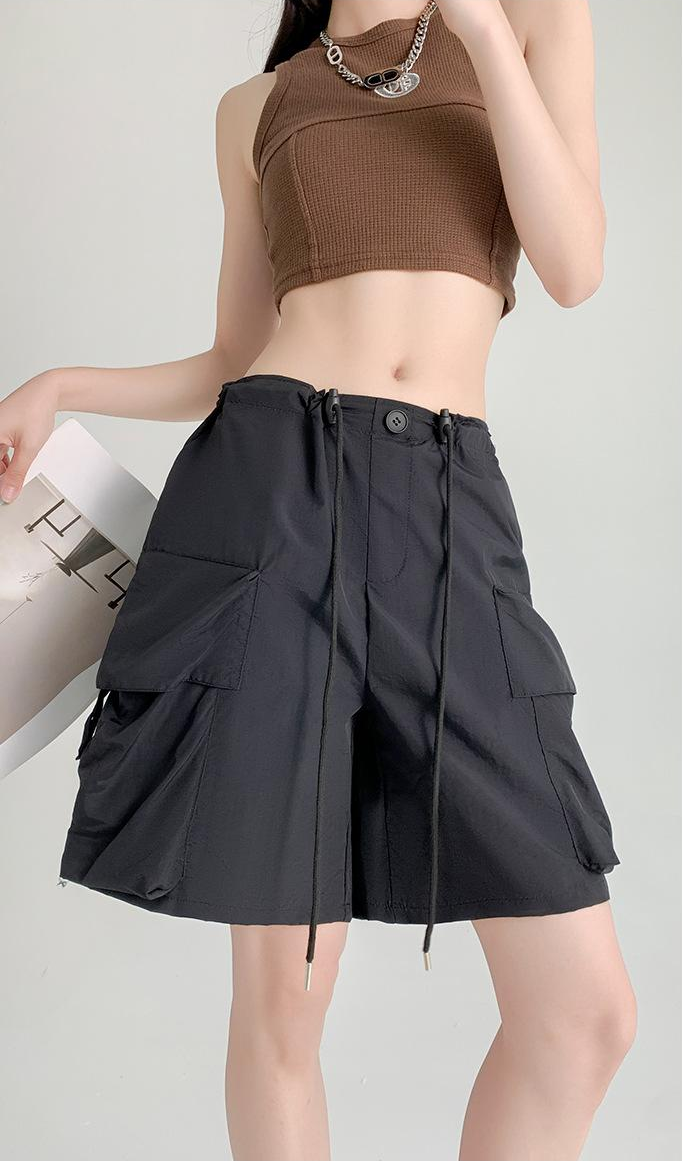Black Relaxed Fit Drawstring Cargo Shorts