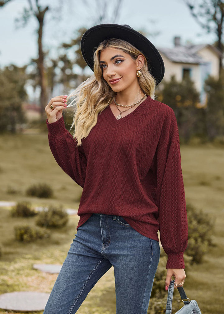 Maroon Bishop Sleeve V Neck Sweatshirt