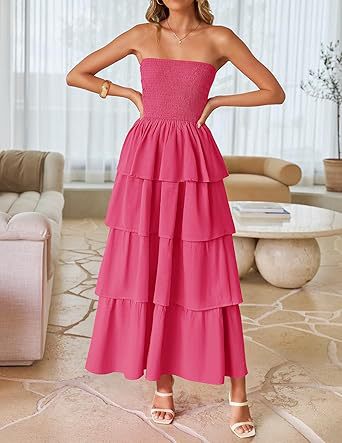 Pink Tube Smoked Dress With Ruffled Layers