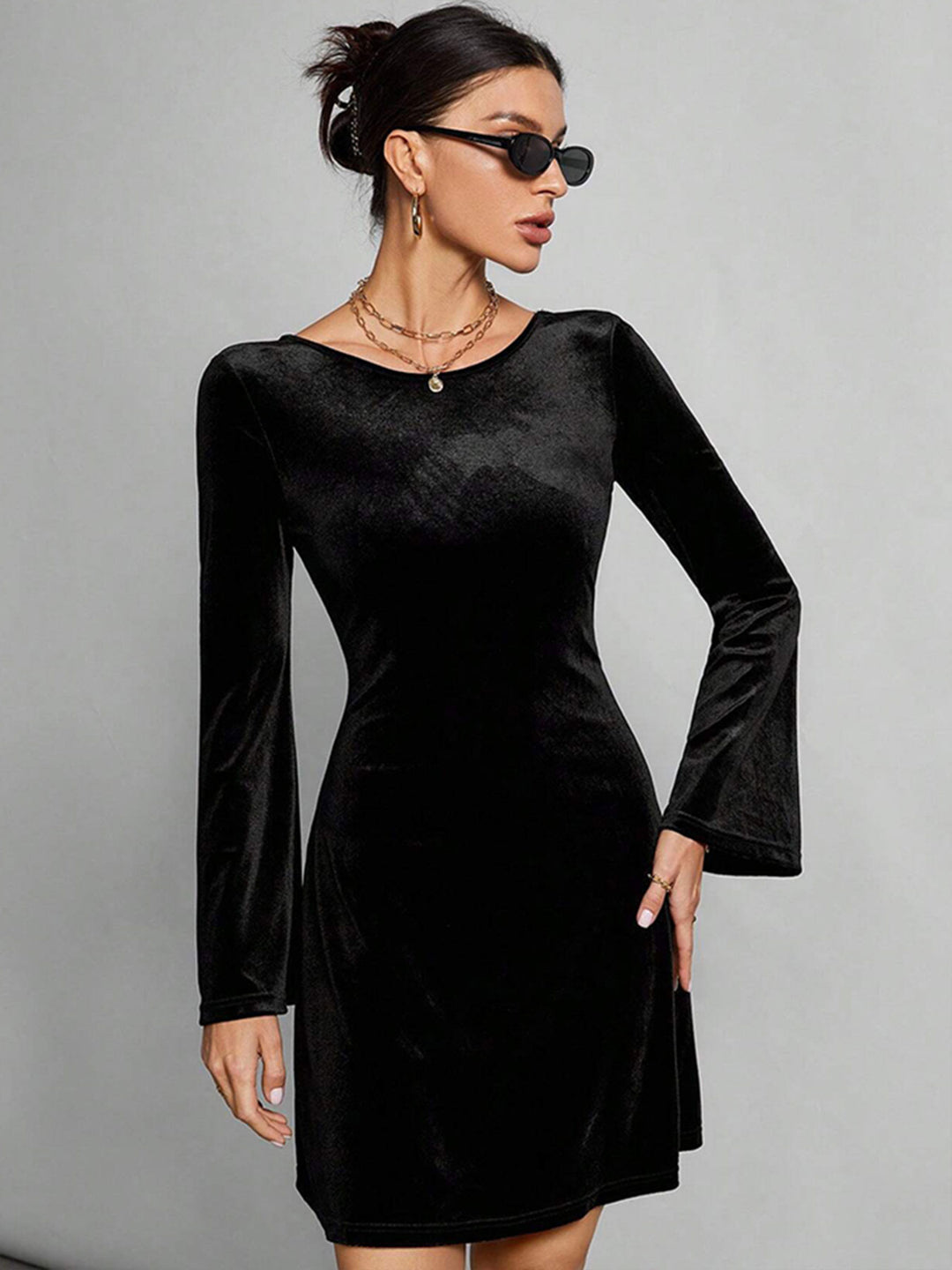 Black Solid Velour Skater Dress