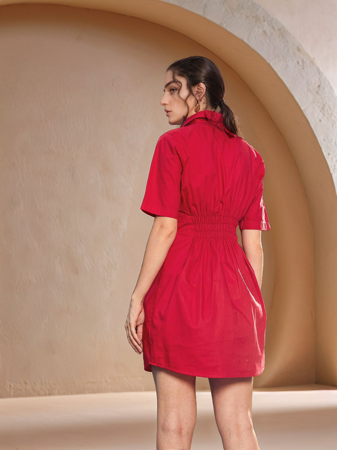 Red Short Sleeve Collared Front Buttoned Dress