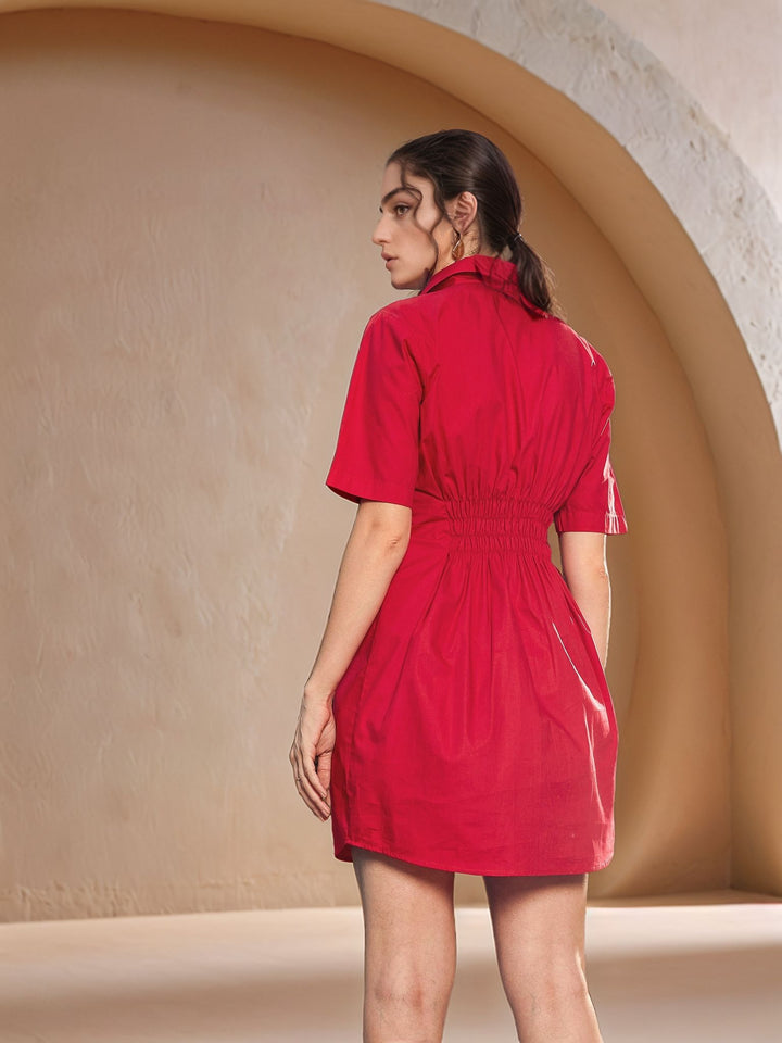Red Short Sleeve Collared Front Buttoned Dress