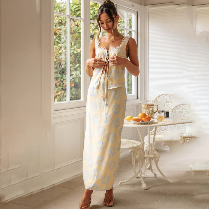 Cream Sleeveless Printed Top And Skirt Co-Ord Set