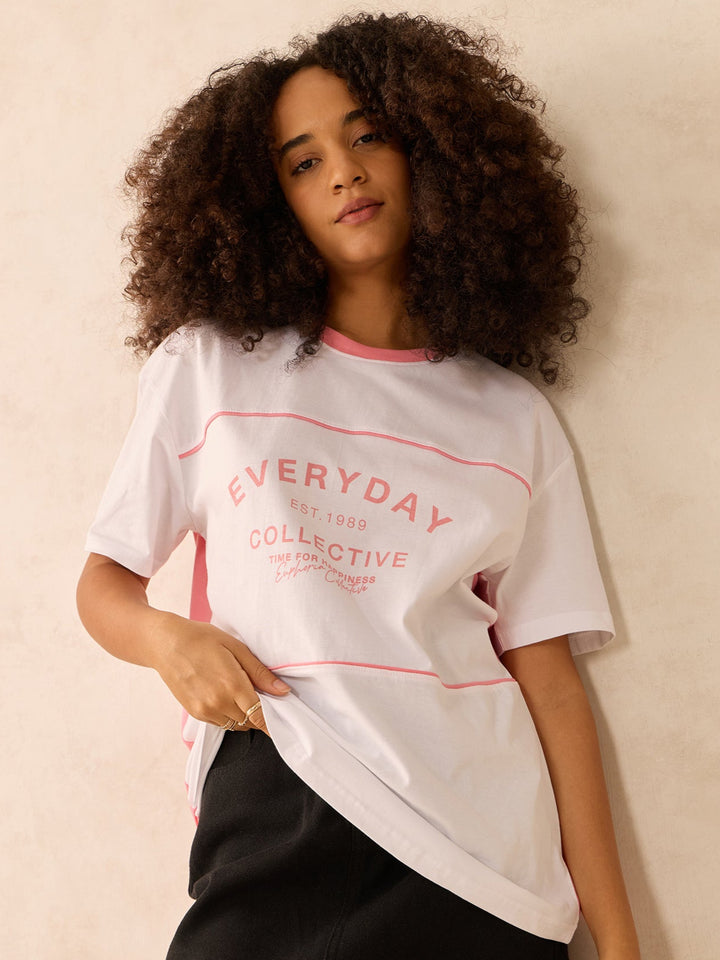 Pink Oversized T-Shirt With Graphic And Cut & Sew Highlights