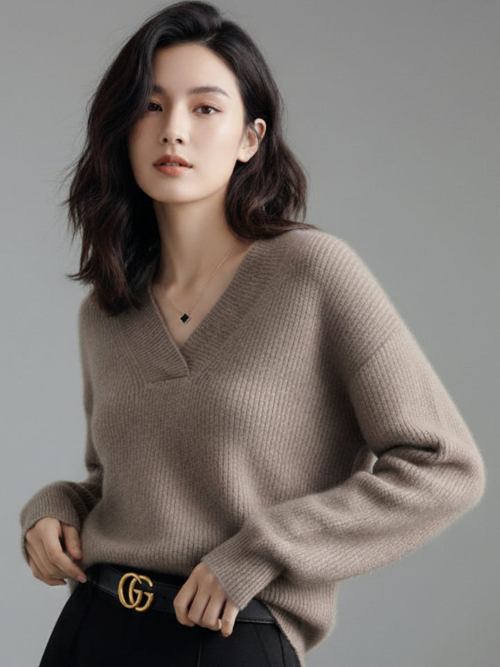 Taupe Full Sleeve V Neck Sweater