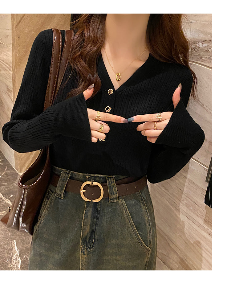 Black Full Sleeve V Neck Buttoned Fitted Top