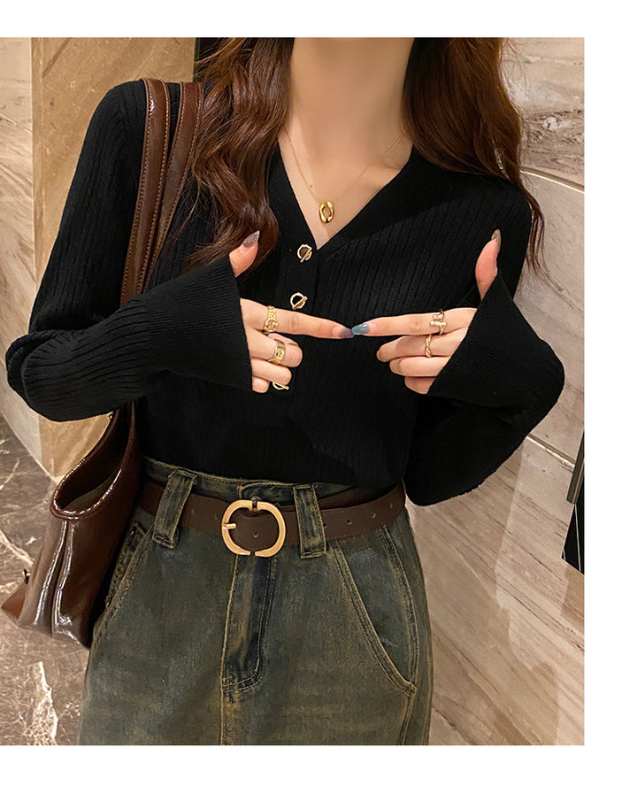 Black Full Sleeve V Neck Buttoned Fitted Top