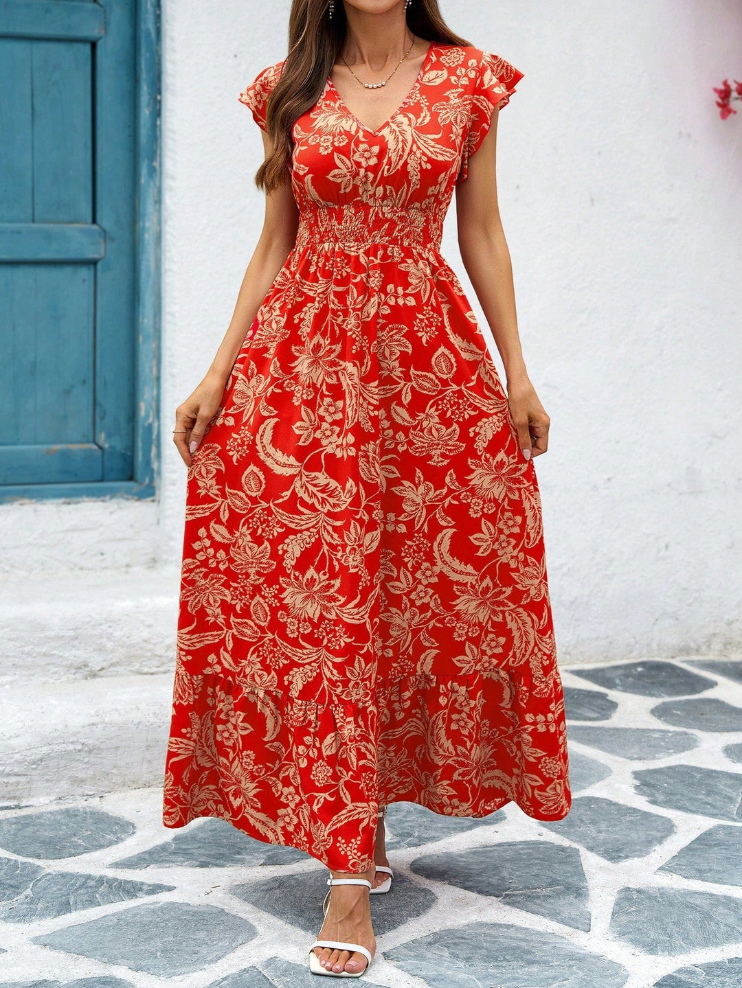 Multi Ruffle Sleeve V Neck Waist Fitted Dress