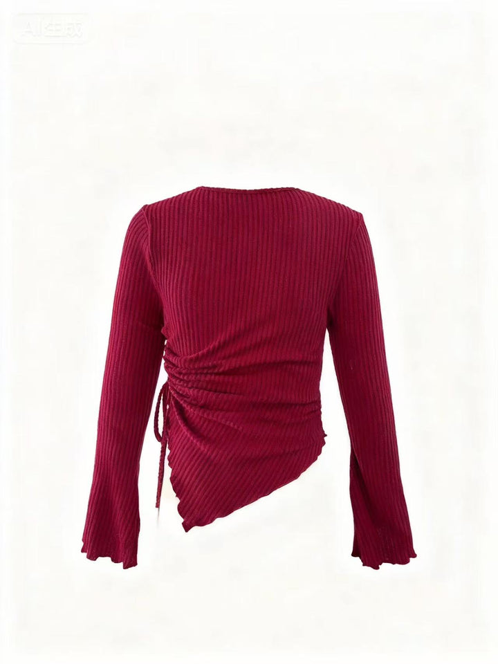 Wine Bell Sleeve Side Ruched Top