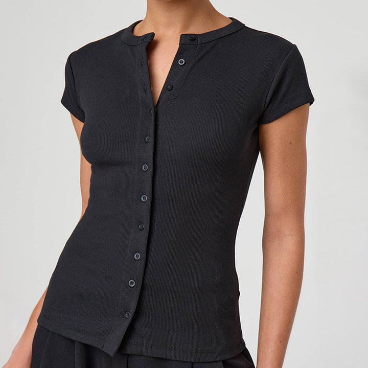 Black Ribbed Button-Up Top
