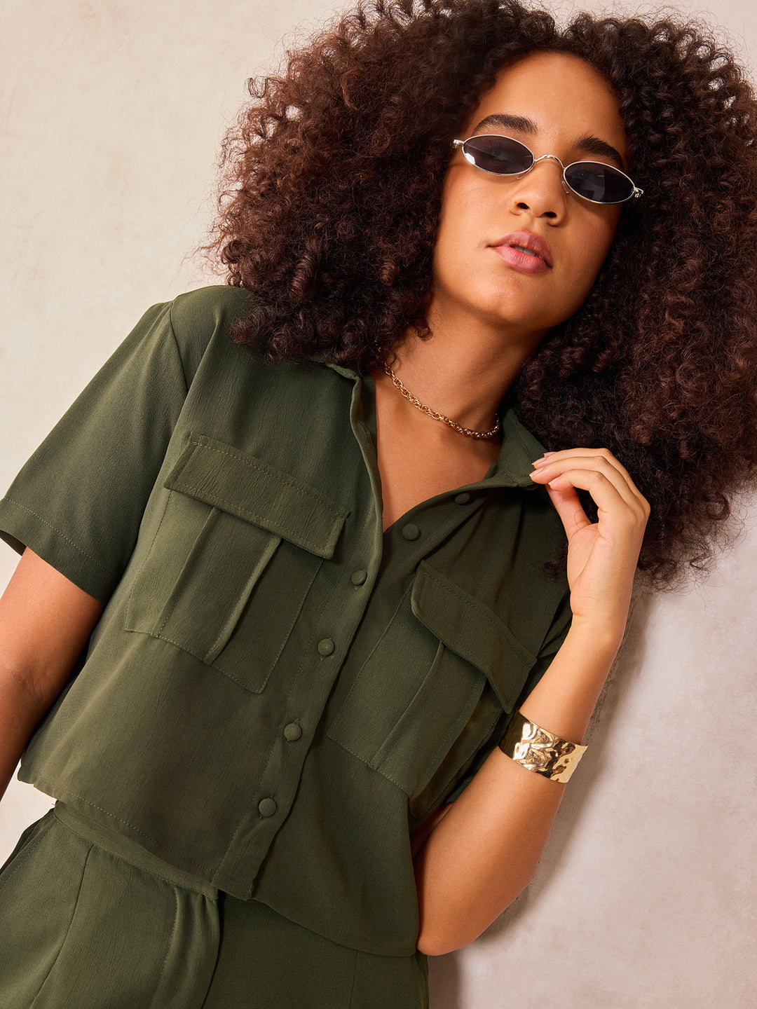 Olive Crop Shirt And Wide Leg Pant Coord Set