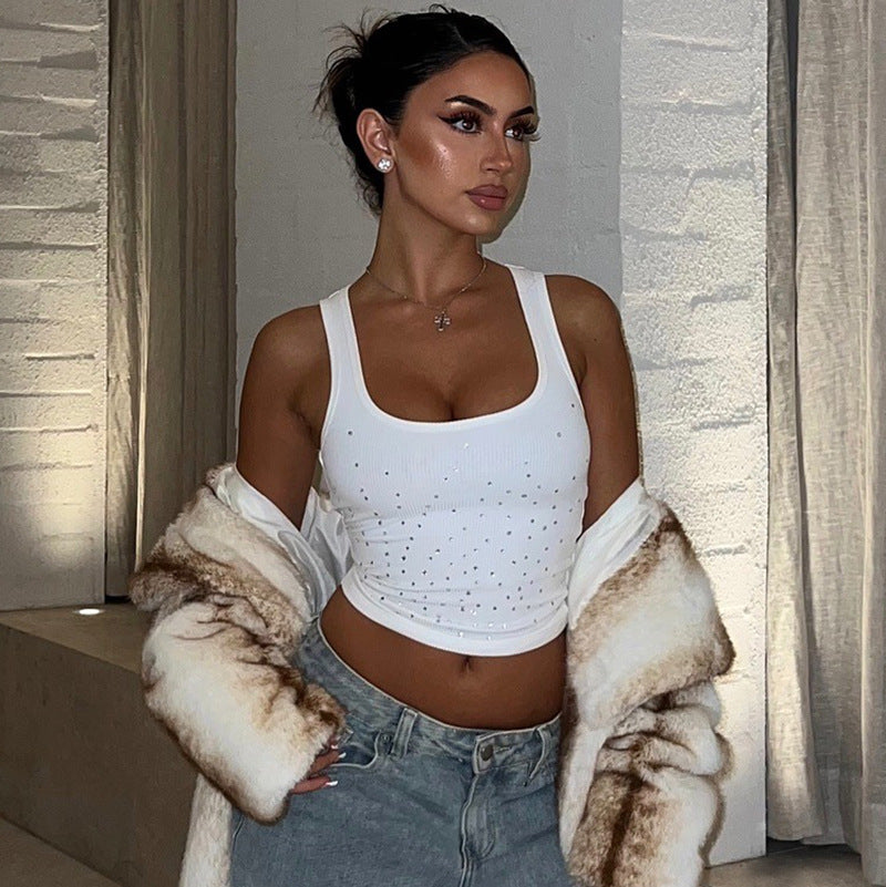 White Deep Neck Sleeveless Tank Top