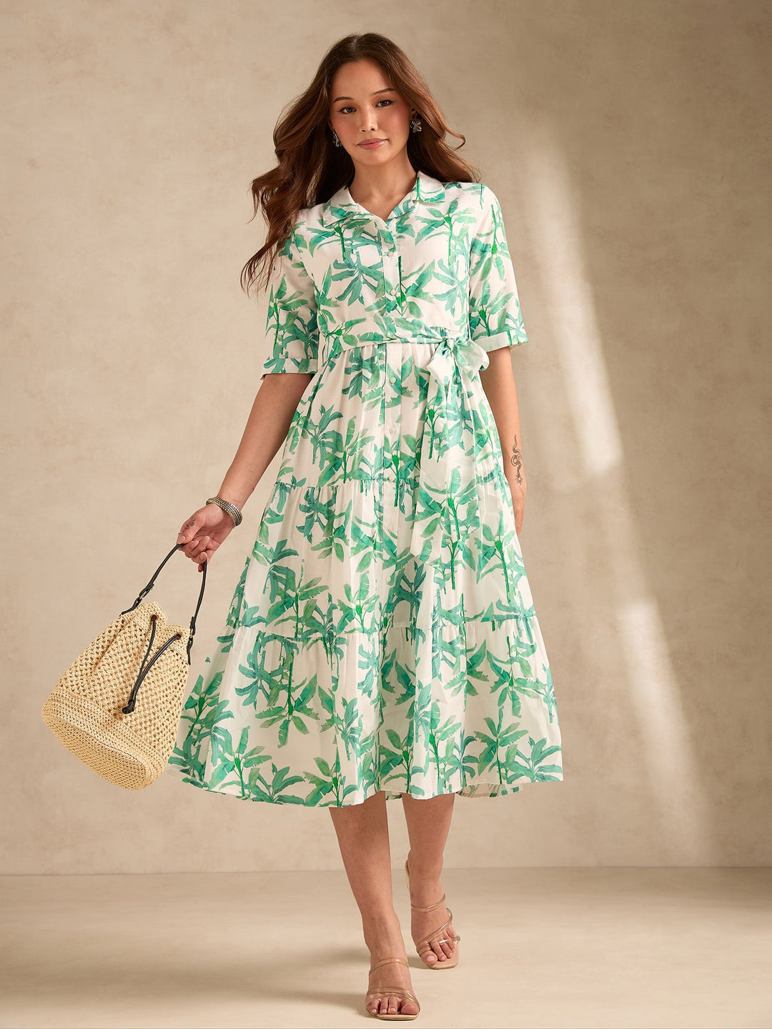 Multi Midi Length Tiered Printed Dress