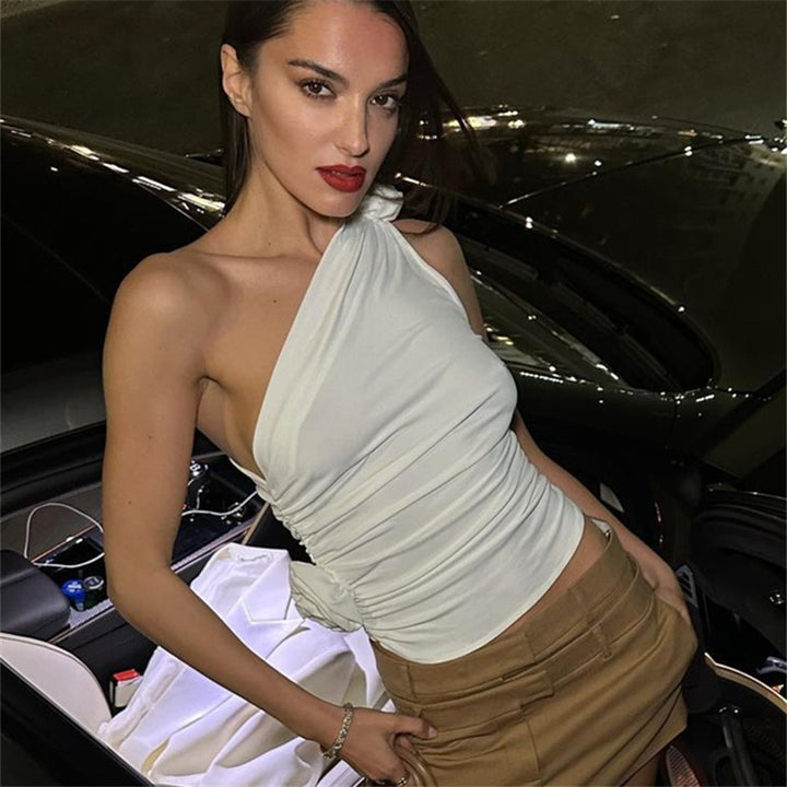 White One Shoulder 3D Flower Top