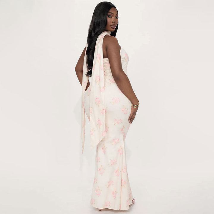 Pink Off Shoulder With Scarf Fit And Flare Dress