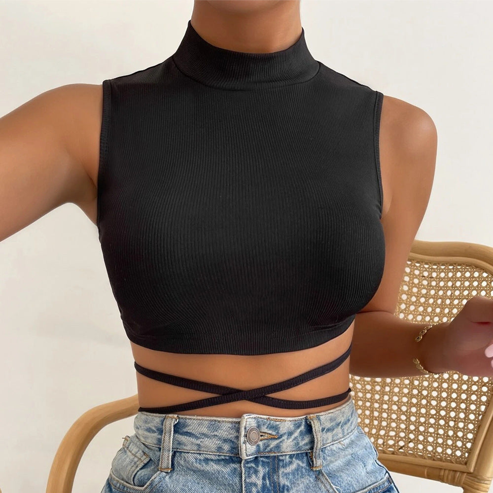Black Sleeveless High Neck Crop Top