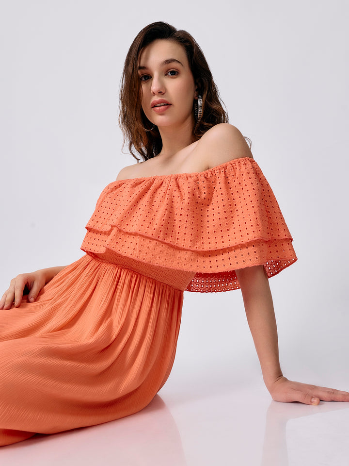 Peach Off Shoulder Tiered Midi Dress