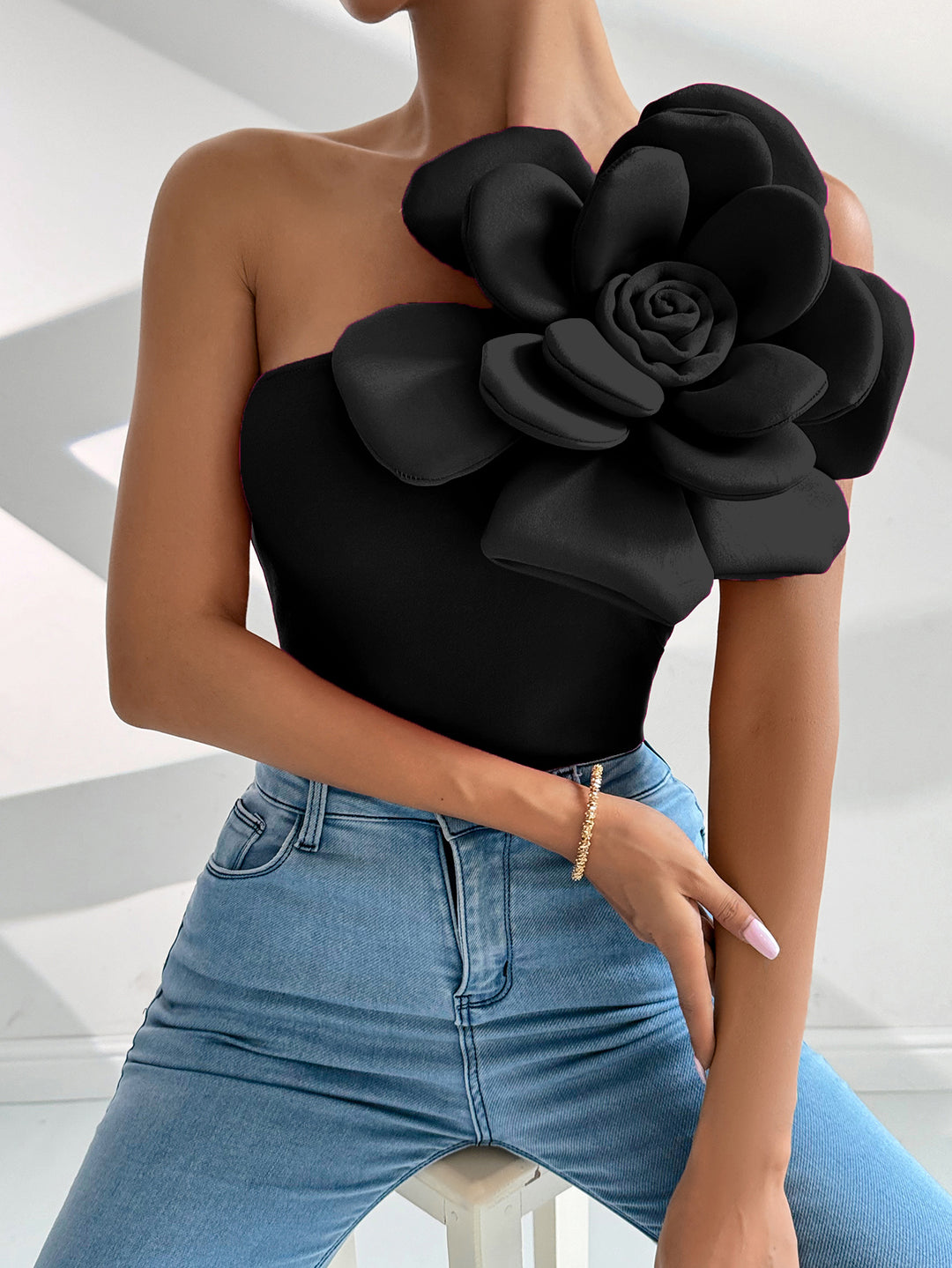 Black One Shoulder Flower Attached Top