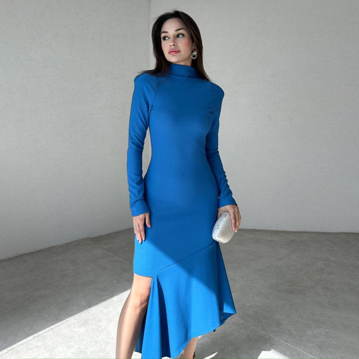 Blue High-Neck Dress With Slit