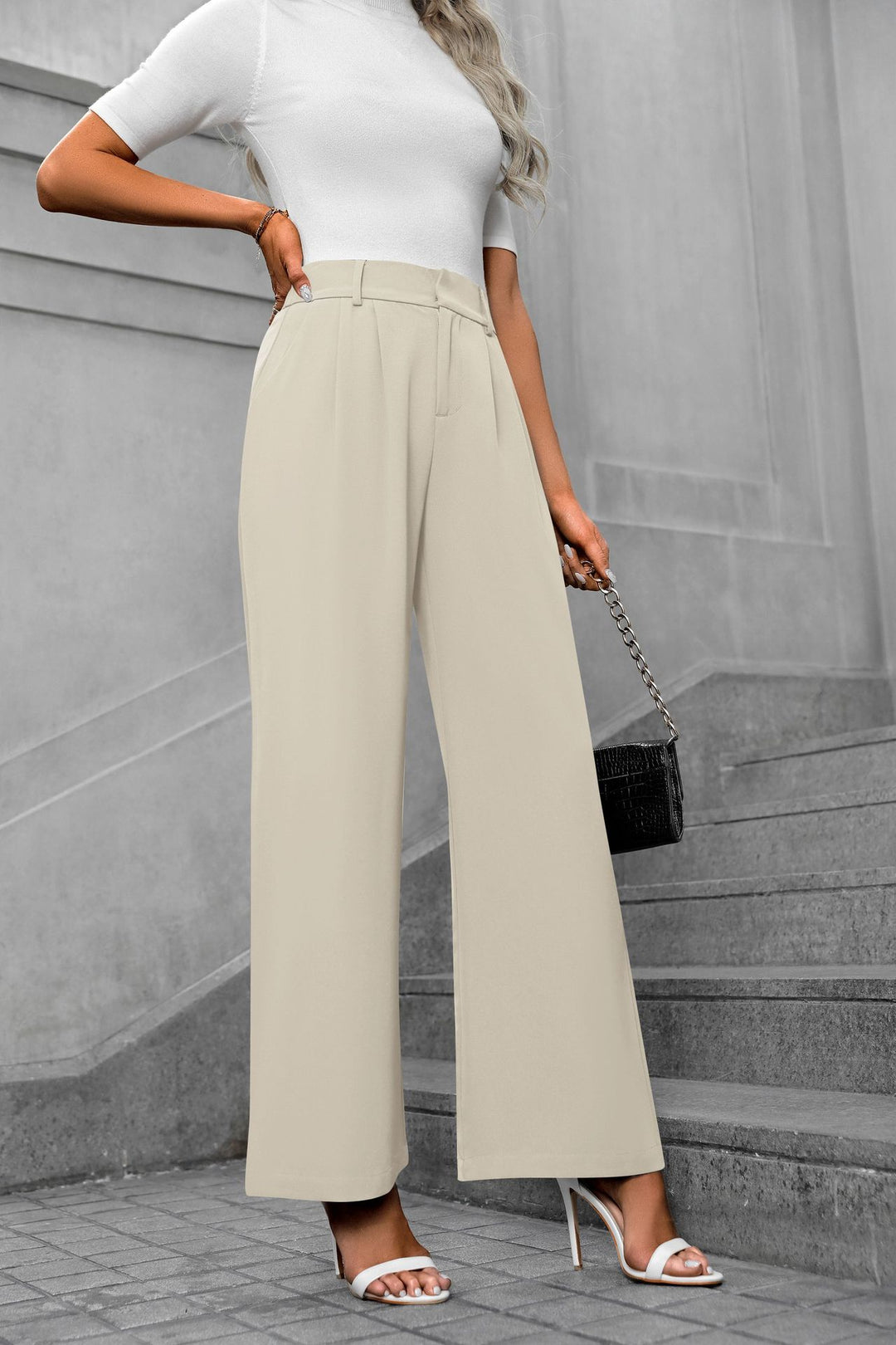 Cream Waist Band Pleated Straight Fit Pants