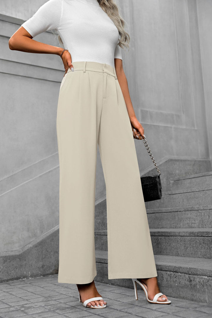 Cream Waist Band Pleated Straight Fit Pants
