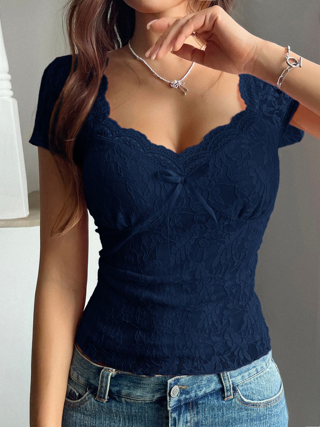Navy Blue Sweetheart Neckline Lace Top