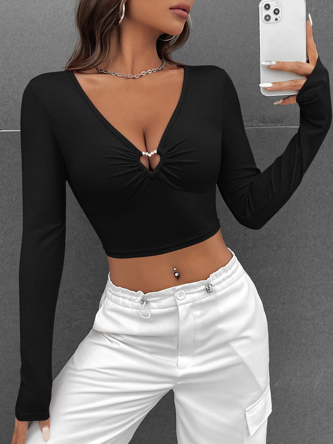 Black Full Sleeve Front Buckle Top