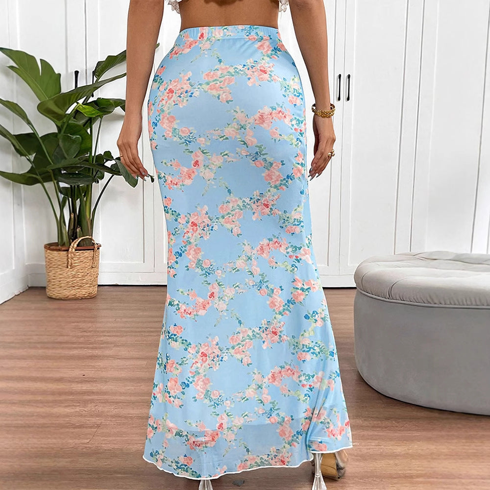 Blue Printed Mesh Fishtail Skirt