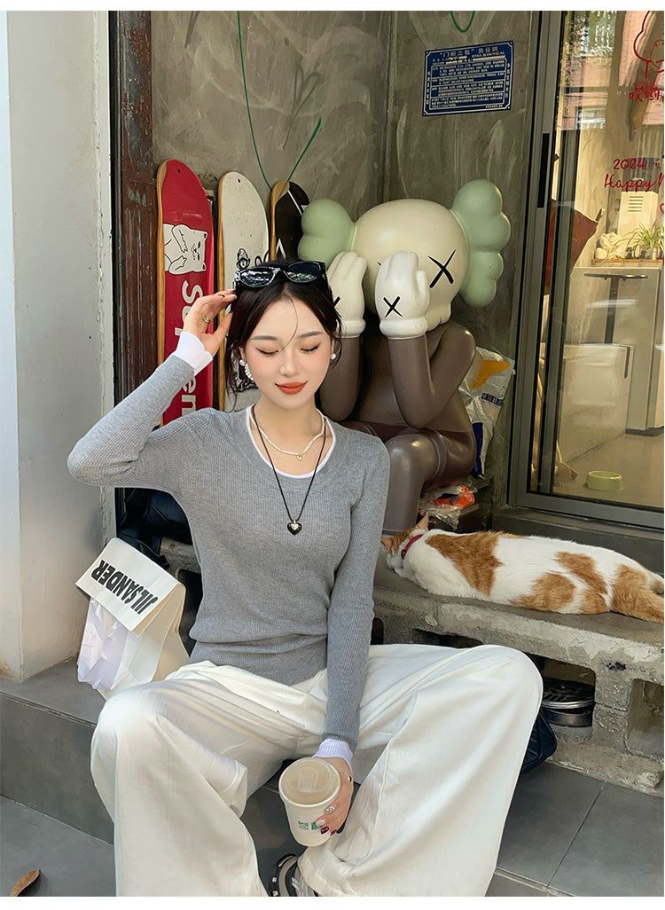 Grey Full Sleeve Contrast Hem Top