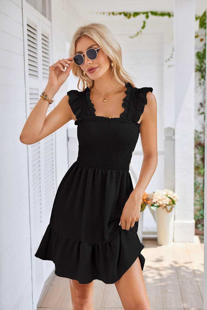 Black Ruffled Sleeves Tiered Solid Dress
