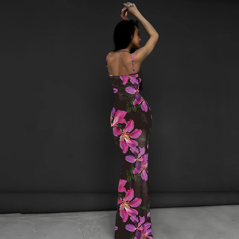 Black Floral Printed Bodycon Maxi Dress
