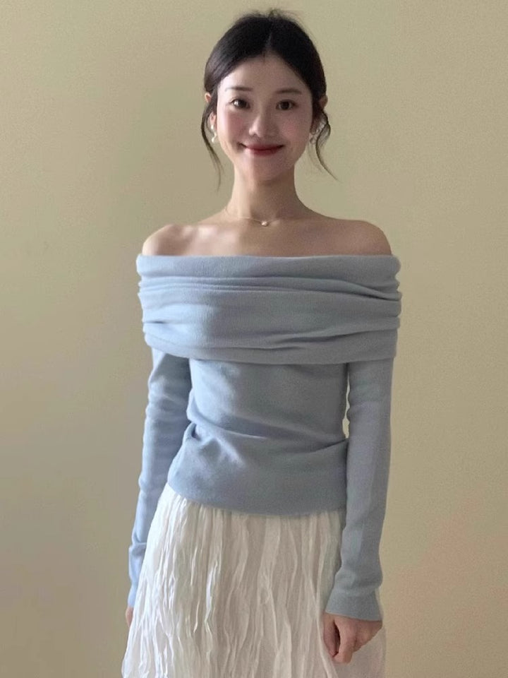 Blue Full Sleeve Off Shoulder  Fitted Top