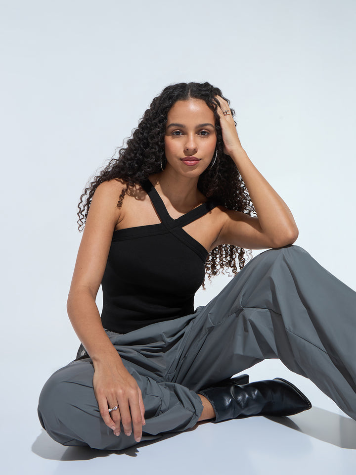 Black Halter Neck Band Tank Top