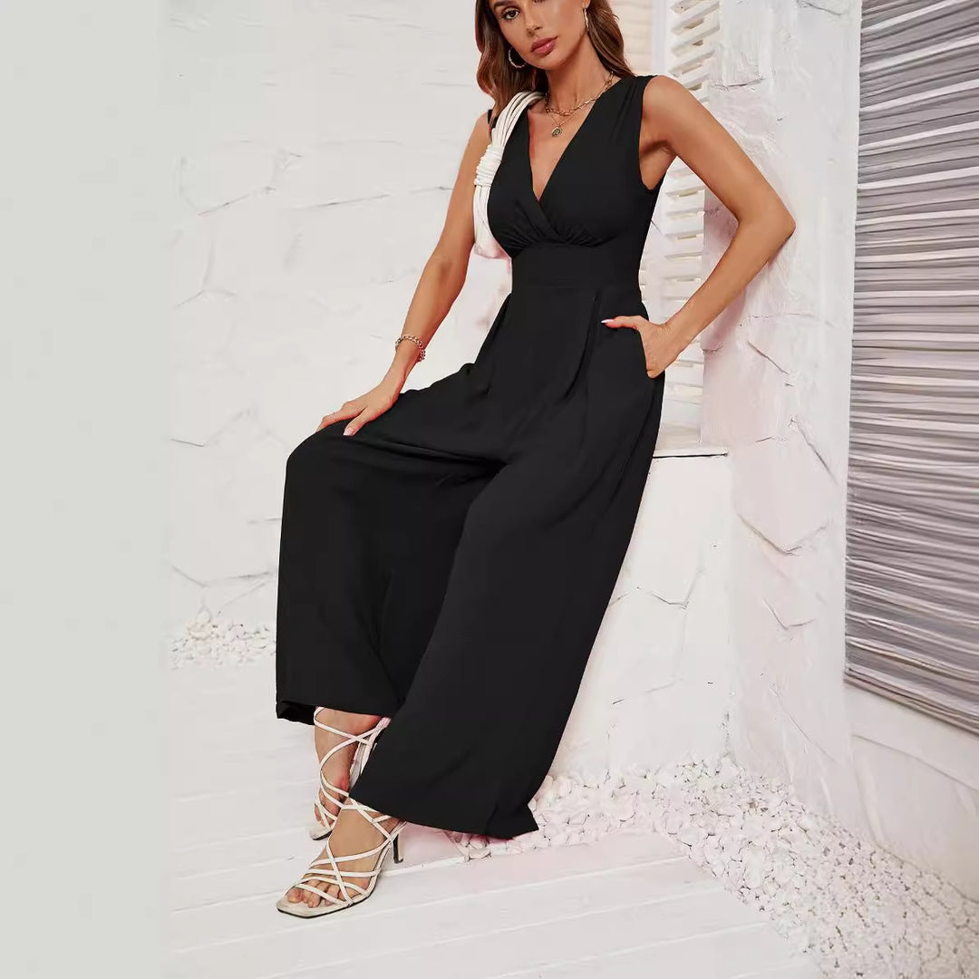 Black Wrap Neck Sleeveless Jumpsuit