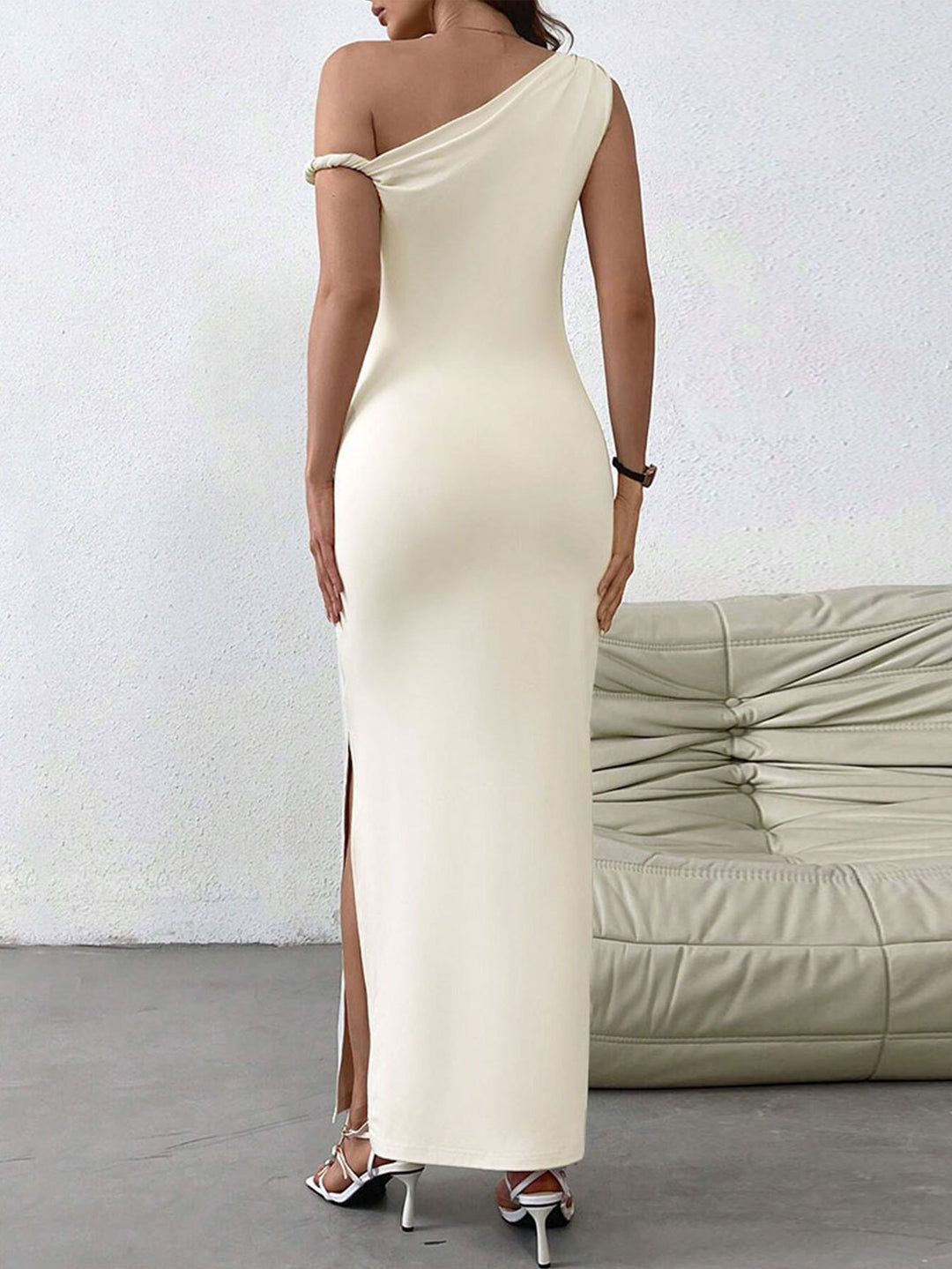 Cream One Shoulder Slit Dress