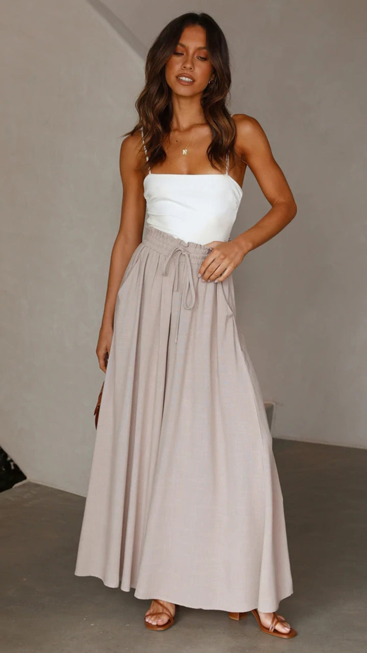 Beige Elasticated Waist Band Wide Leg Trouser