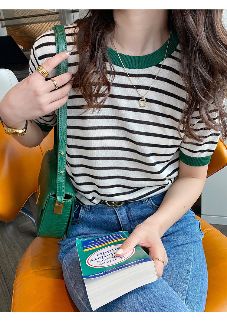 Dark Green Contrast Hem Striped Top