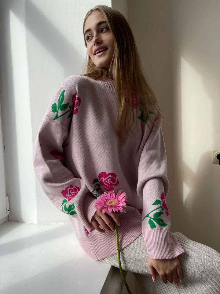 Pink Bold Floral Printed Sweater