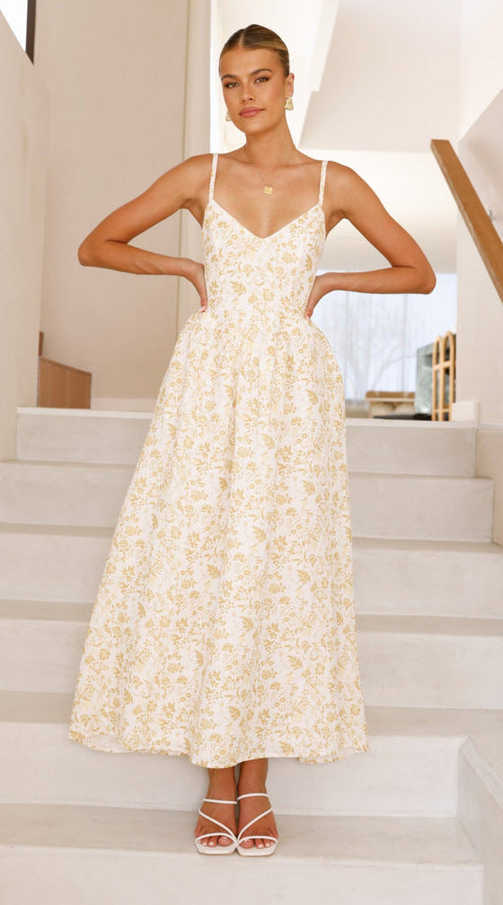 Yellow Printed Pointed Waistline Dress