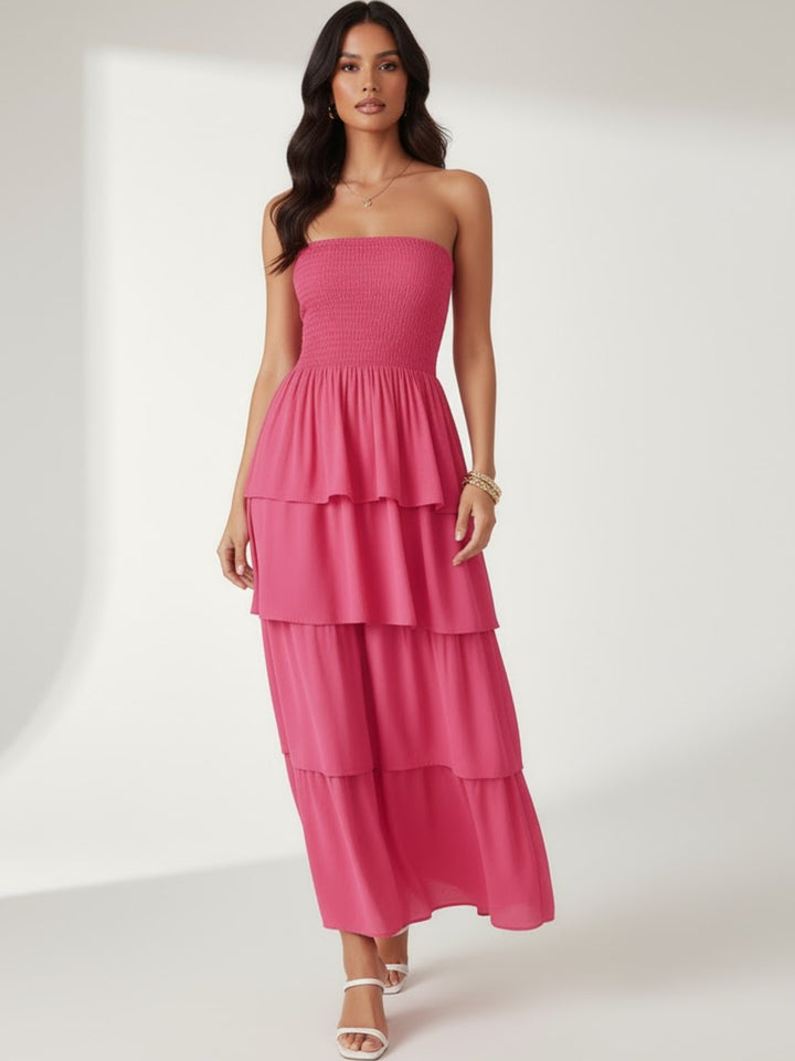 Pink Tube Smoked Dress With Ruffled Layers