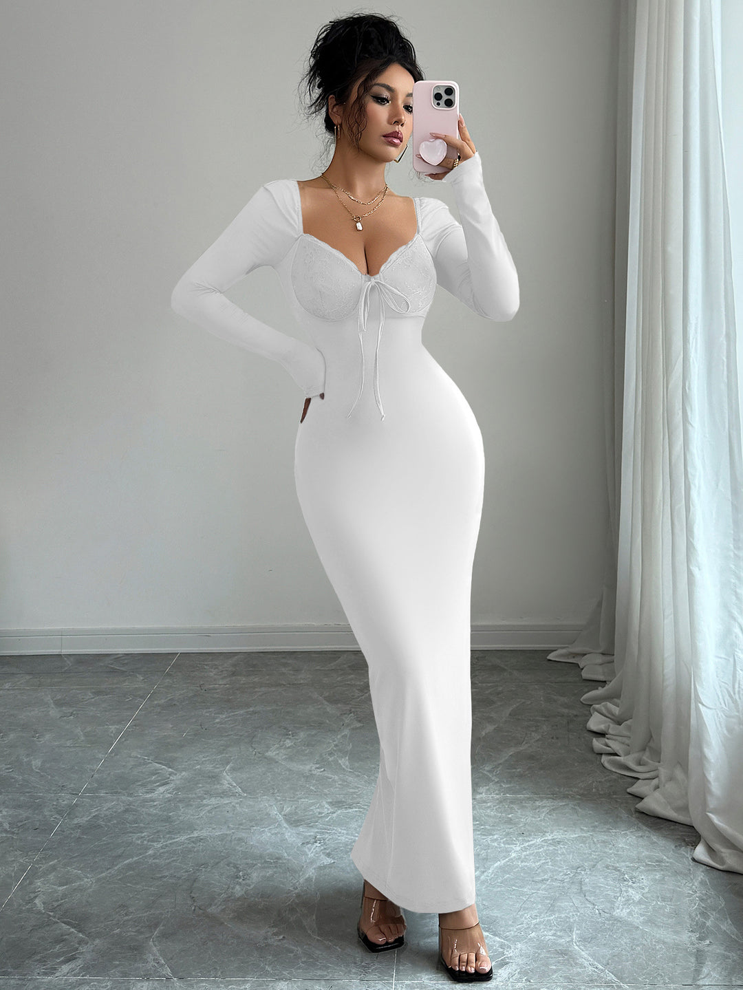 White Full Sleeve Sweetheart Neck Fitted Dress