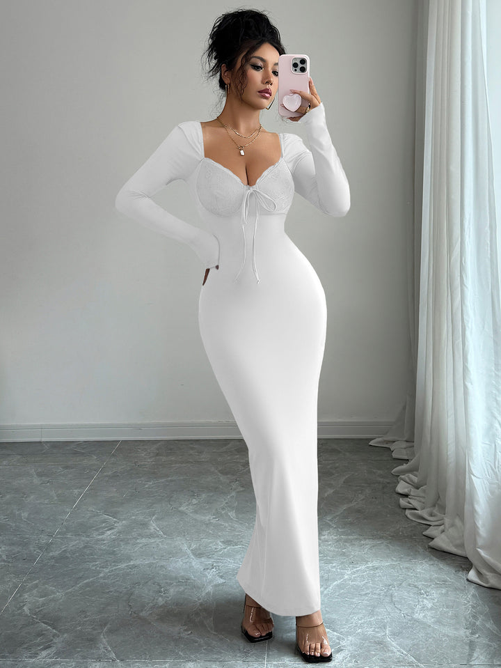 White Full Sleeve Sweetheart Neck Fitted Dress