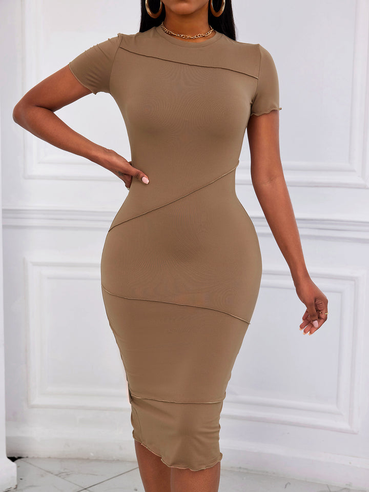 Brown Short Sleeve Fitted Dress