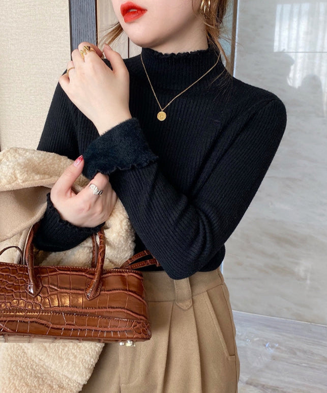 Black Full Sleeve Scallop Hem Mock Neck Fitted Sweater
