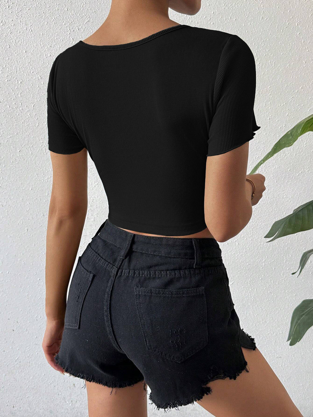 Black Half Sleeved V-Neck Tie Up Top