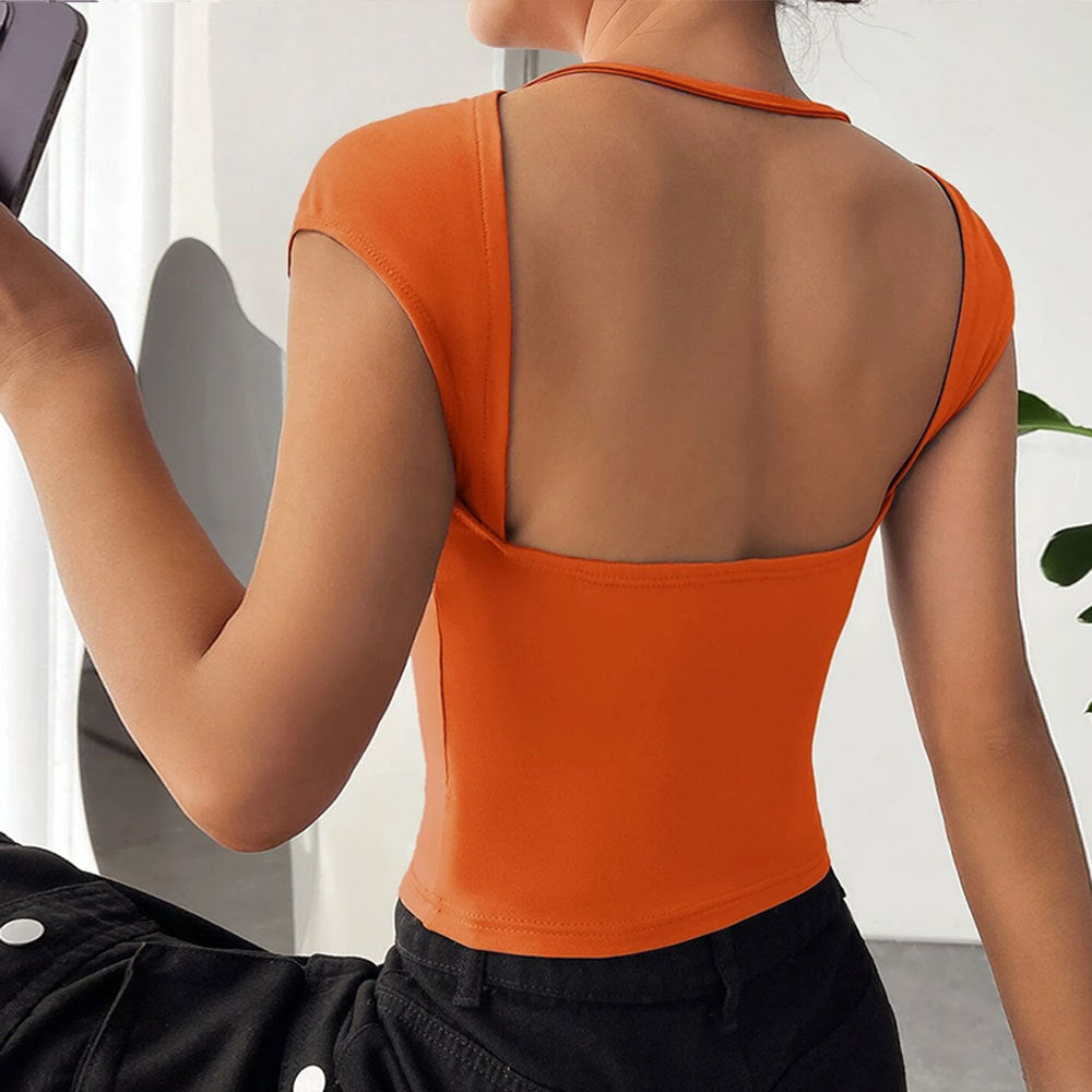 Orange Short Sleeve Back Cut Detail Top