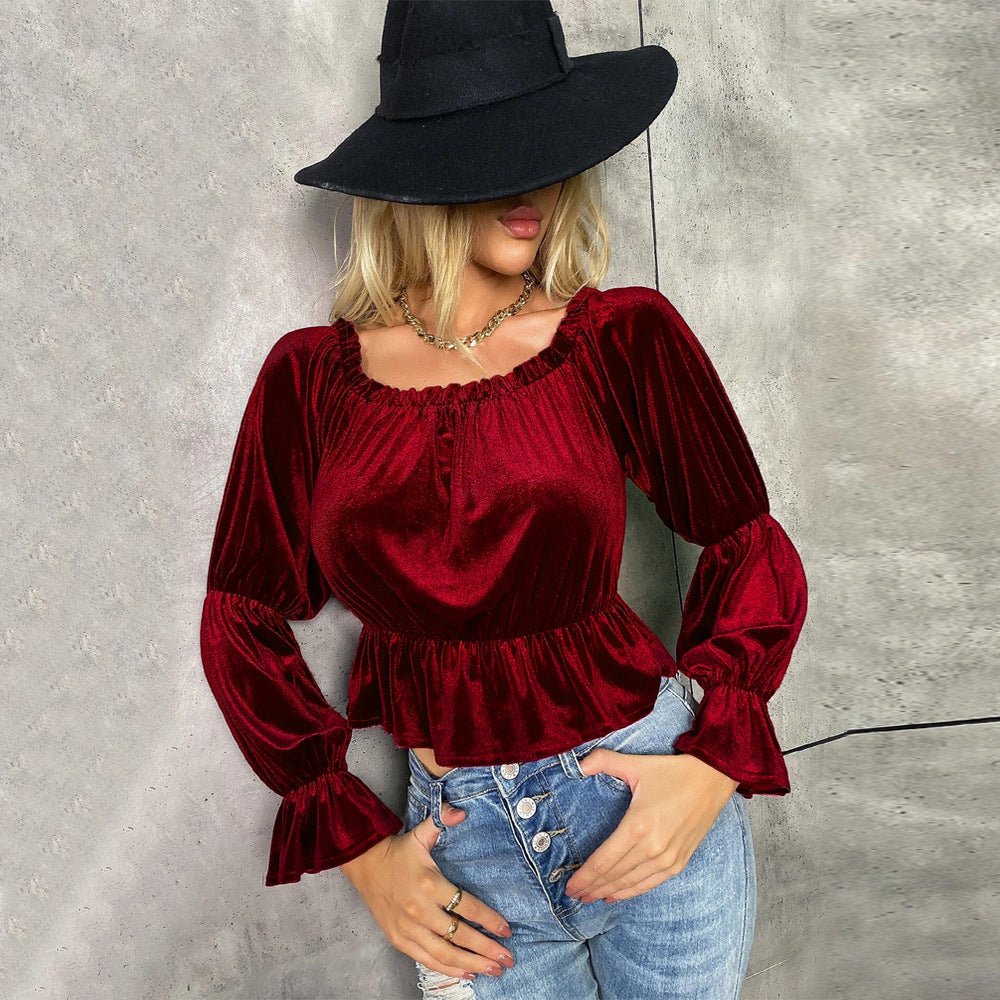 Wine Full Sleeved Off-Shoulder Crop Top
