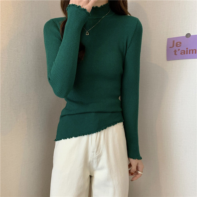 Dark Green Scalloped Hem High Neck Top